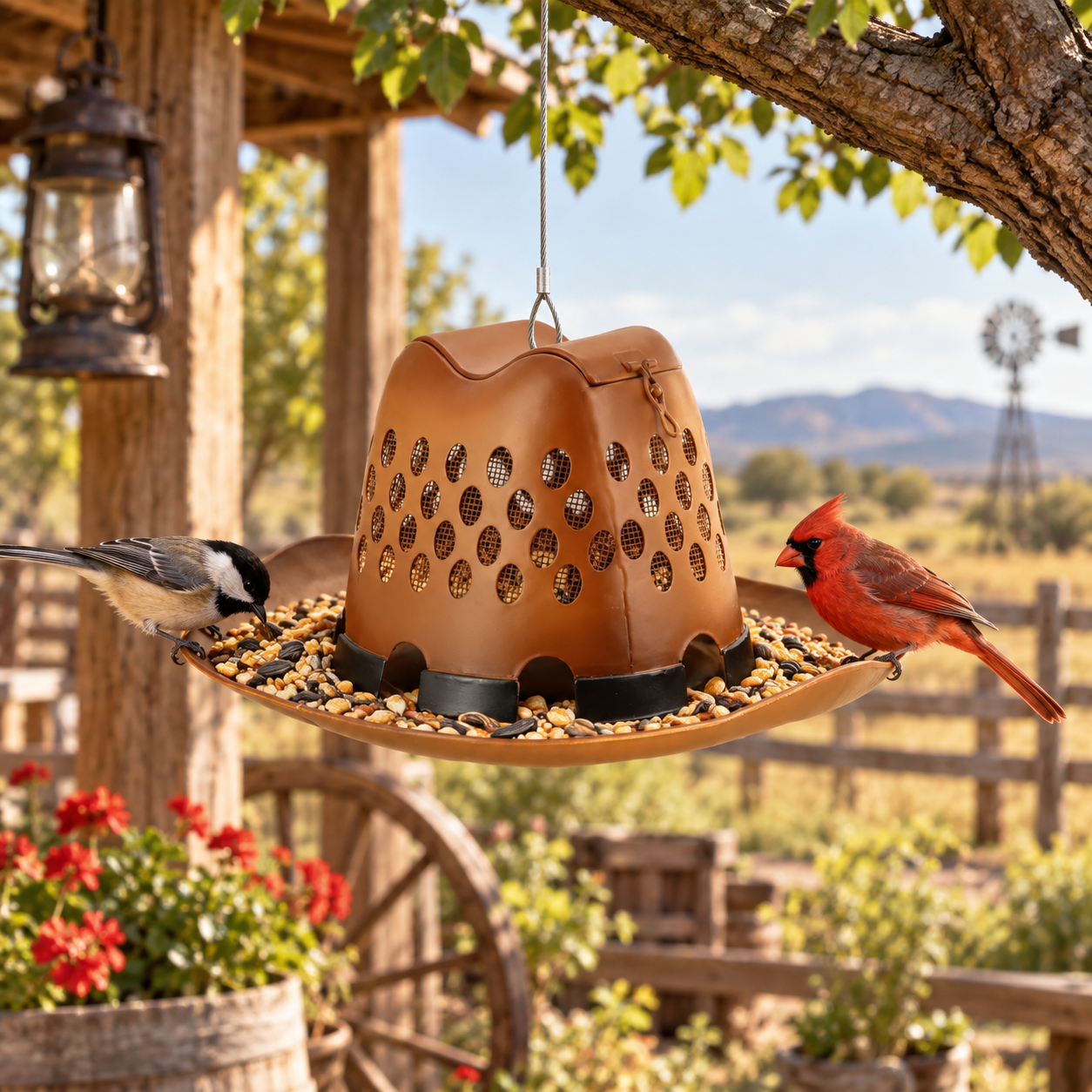 Brown Cowboy Hat Hanging Bird Feeder 