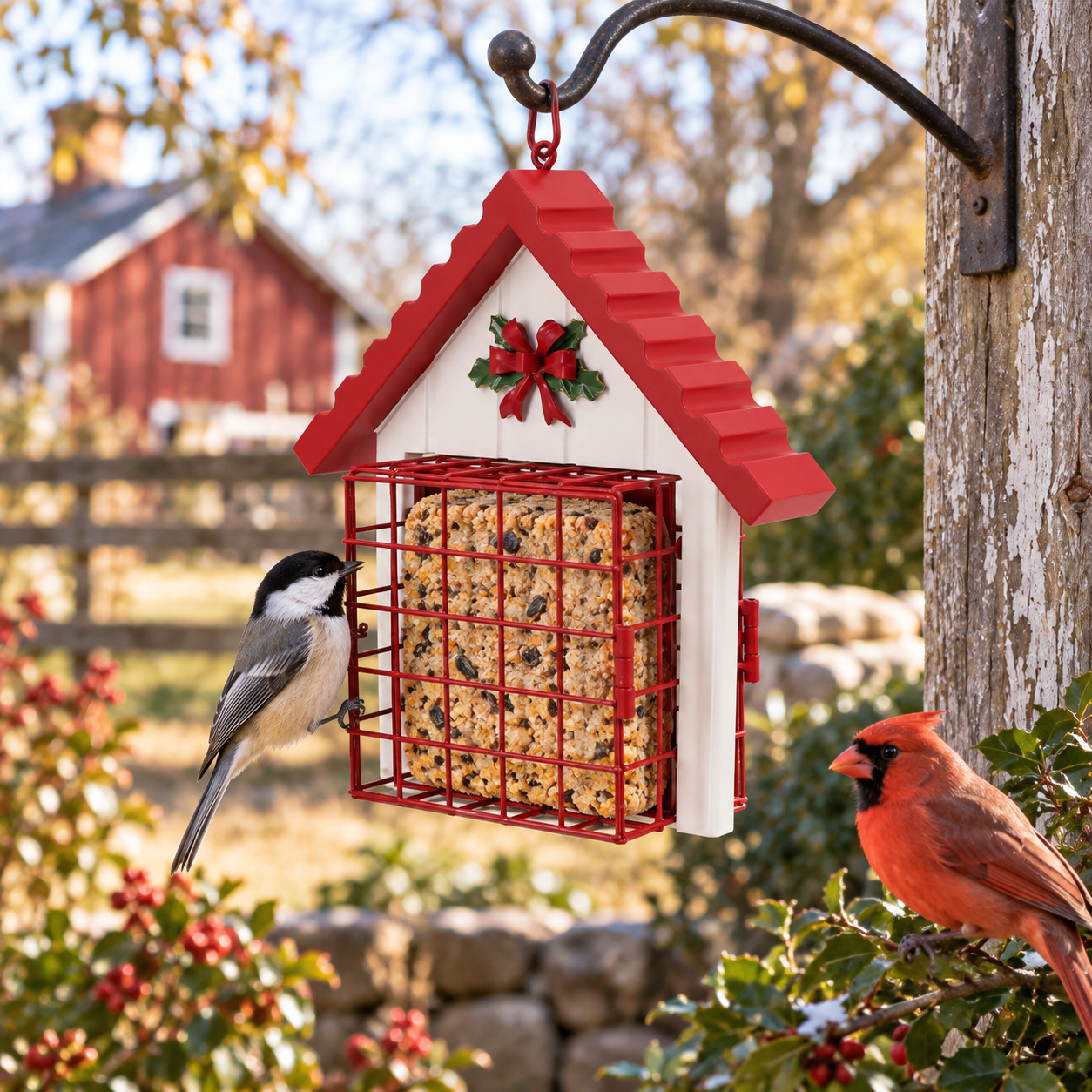 Red - White Christmas House Suet Bird Feeder 